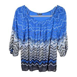 Sara Michelle Tunic Top Blouse 3X Blue Black Chevron Scoop Neck Lined
